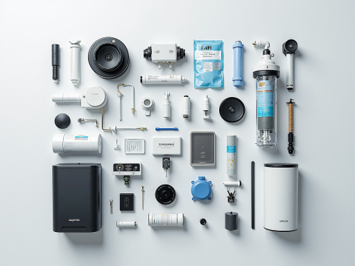 Water purification equipment and filtration systems showing various water treatment products including stainless steel ultrafiltration filters and reverse osmosis units on clean white background