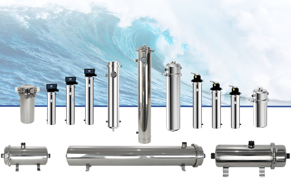 Water purification equipment and filtration systems showing various water treatment products including stainless steel ultrafiltration filters and reverse osmosis units on clean white background