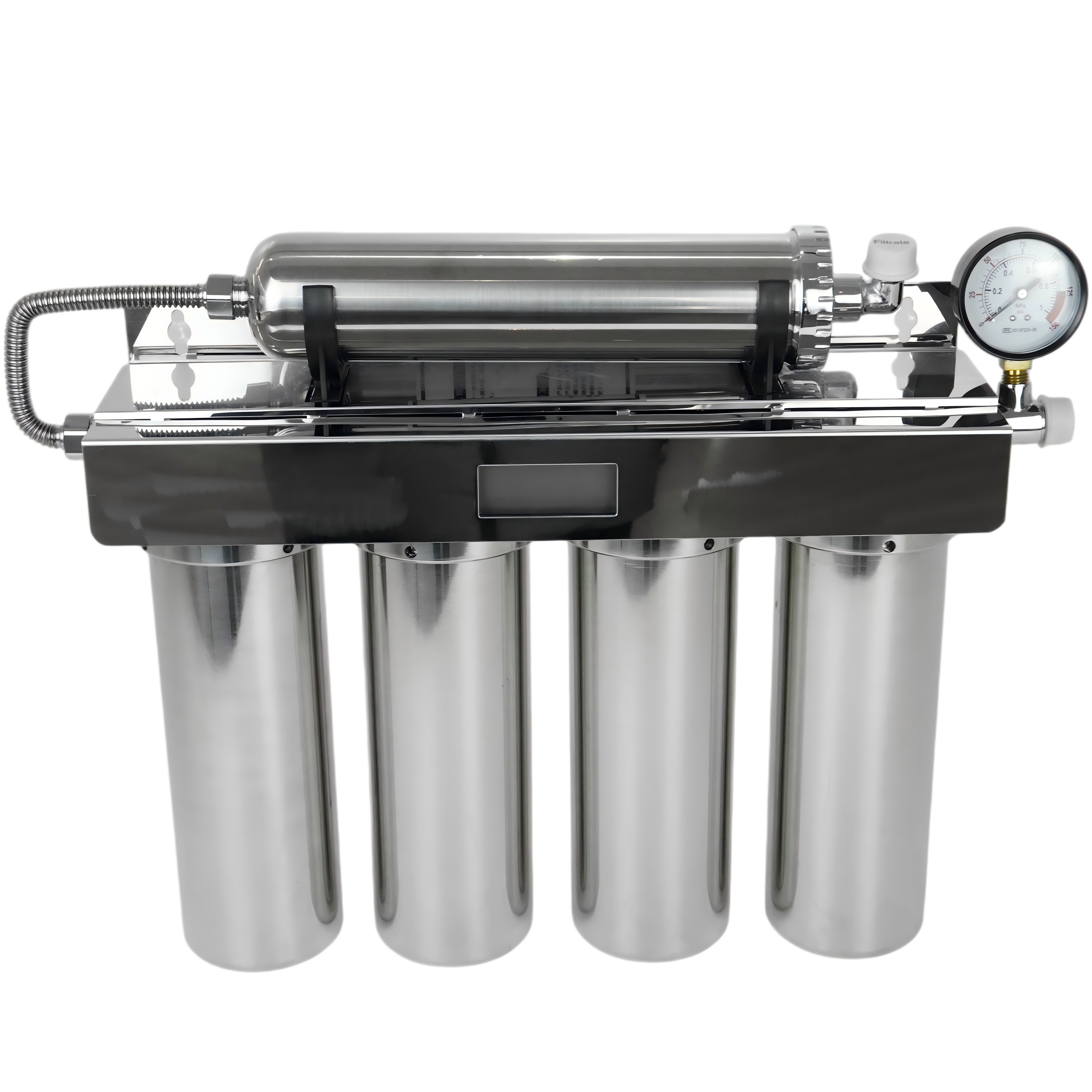 Stainless steel ultrafiltration water filter with metallic finish and modern design showing water flow direction indicators