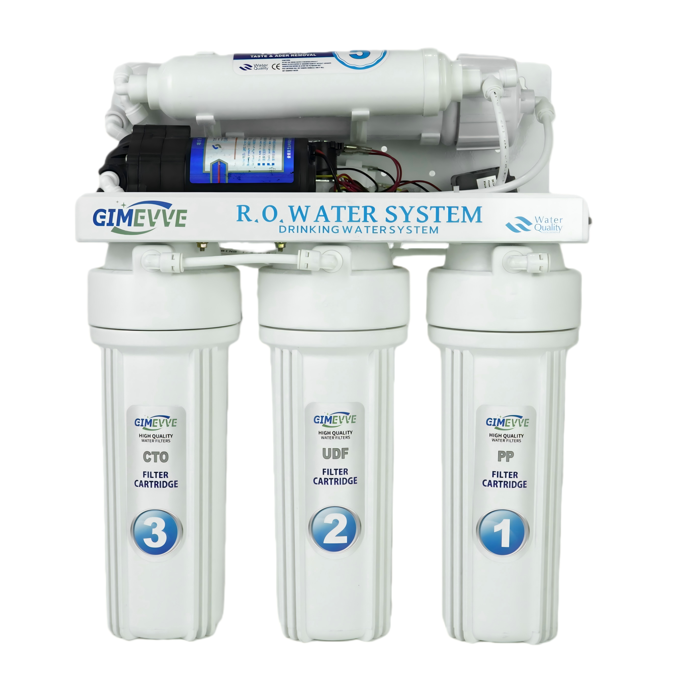 Reverse osmosis water filter system with multiple stages and clear housing showing filtration process