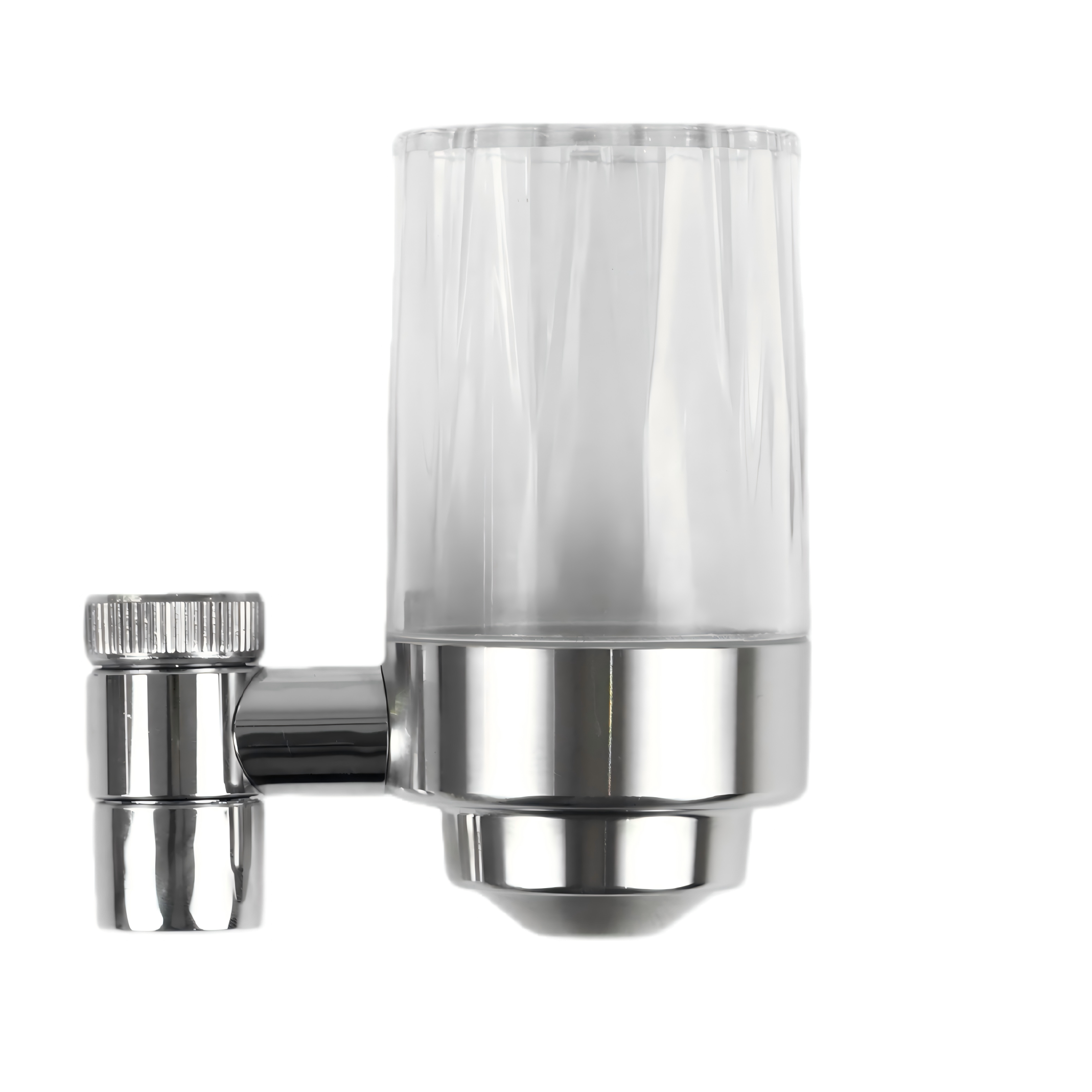 Faucet mounted water filter with ergonomic design and clear indicator showing water quality improvement