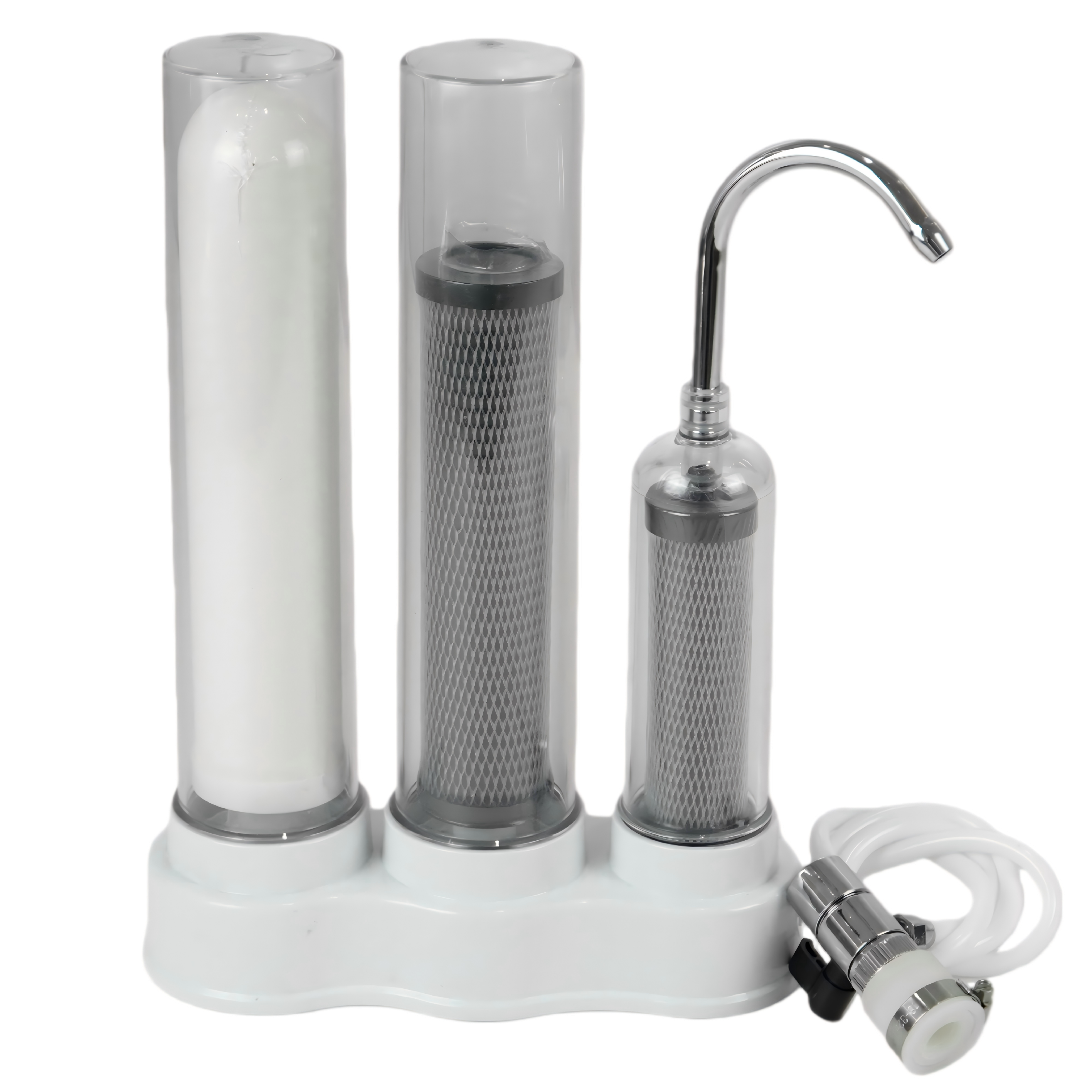 Elegant countertop water filter system with ceramic design and natural materials showing sustainable water purification method
